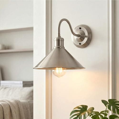 Image of LEDSone Wall Lights 22cm Satin Nickel Metal Cone Rustic E27 Industrial Indoor Lamps Sconce for for Home Décor, Bedroom Bedside, Living Room, Hallway Decorate Fixture