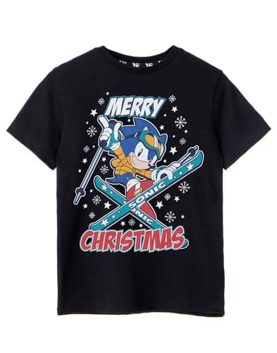 Image of Sonic The Hedgehog Boys Christmas T-Shirt | Kids Merry Christmas Short Sleeve Seasonal Graphic Tee | Sonic Skiing Black Short-Sleeve Xmas Top | Game Merchandise Gift for Children
