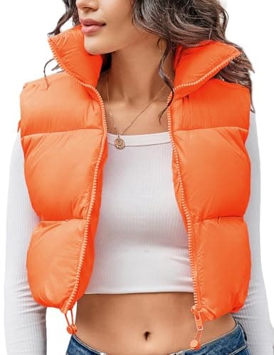 Image of Kissonic Women's Padded Down Vest Puffer Stand Collar Zip Up Crop Sleeveless Jacket, Orange, XS