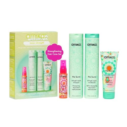 Image of amika inner strength routine set - includes the kure strength repair sulfate free shampoo + hair conditioner + travel size hair mask + the wizard silicone-free detangling primer (4 pieces)