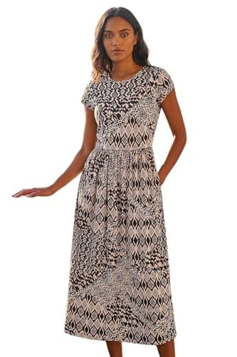 Image of Roman Midi Dress with Pockets for Women UK Ladies Stretchy Jersey Maxi Long Short Sleeve Elasticated Gathered High Waist Boho Flattering Skater Swing Fit Flare - Abstract Black - Size 16