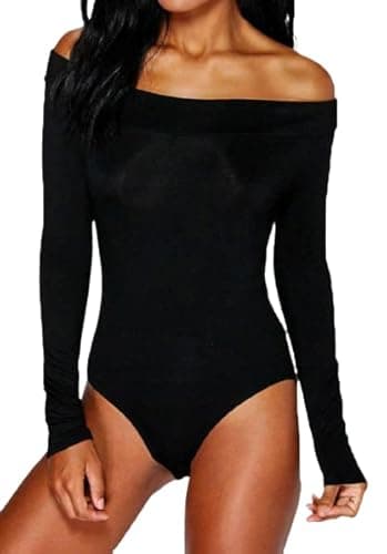 Image of Pretty Attitude Ladies Women's Off Shoulder Long Sleeve Plain Slim-Fit Stretchy Party Blouse Crop Cross Wrap Jumpsuits Rompers Top Tee Bardot Bodysuit Leotard (14, Black)