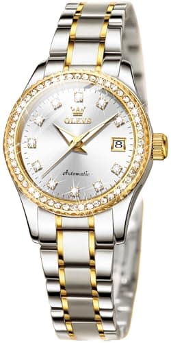 Image of OLEVS Womens Automatic Watches Diamond Stainless Steel Self Winding Ladies Dress Wrist Watches Luminous Waterproof, L7003: Two Tone Band & White dial, Elegant