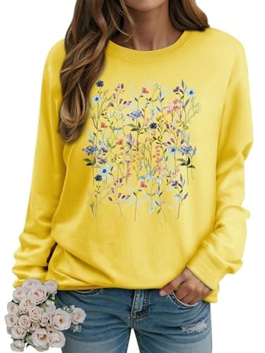 Image of Dresswel Women's Sweatshirts Vintage Wildflowers Botanical Floral Graphic Print Crewneck Long Sleeve Tops Ladies Jumpers Basic Cotton Pullover
