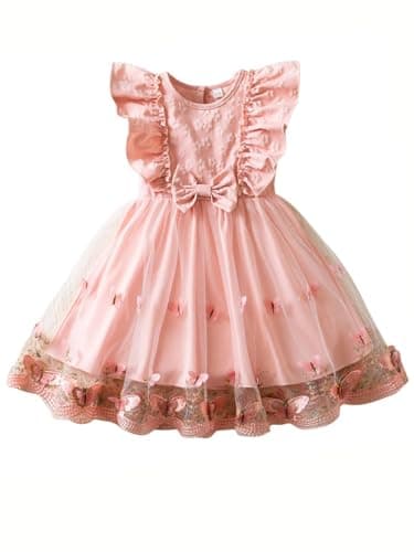 Image of JiAmy Toddler Girls Princess Dress Butterfly Embroidered Tulle Dress Baby Girl Party Birthday Dress Ruffle Sleeve Flower Girl Dress for 18-24 Months, Pink