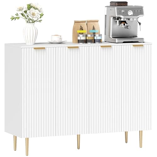 Image of HOMCOM Sideboard Buffet Cabinet, Modern Kitchen Storage Cabinet with 4 Doors and Adjustable Shelves, Living Room Cabinet with Metal Legs for Hallway, White