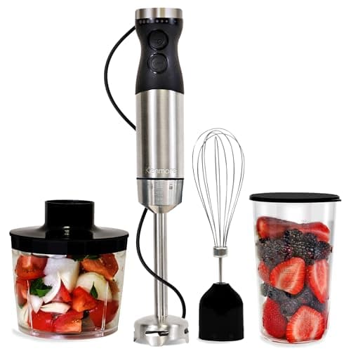 Image of Kenmore 4-in-1 Handheld Immersion Blender with Food Processor, Chopper, Whisk & 700mL Beaker, Stainless Steel Stick Blender with Quad Blade for Baby Food, Soup, Puree & Smoothies