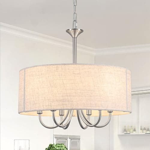Image of LWYTJO Silver Chandeliers Ceiling Light, Modern 6 Lights Round Drum Chandelier, Kitchen Lights Ceiling Pendant Ceiling Fitting for Bedroom Living Room Dining Room Island Hallway Foyer
