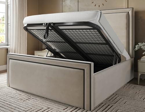 Image of Furnishion Imperial Superking Ottoman Bed Frame, Modern Velvet Superking Ottoman Bed with Gas Lift Storage, Luxury 6ft Super King Size Beds with Metal Mesh Base & 48" Headboard in Cream Plush