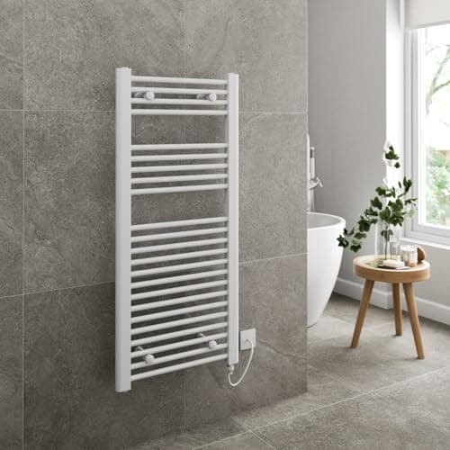 Image of DuraTherm® 1100 x 500mm Staight Electric Heated Towel Rail Radiator Bathroom Warmer Wall Mounted Ladder Rad, Manual 250W White