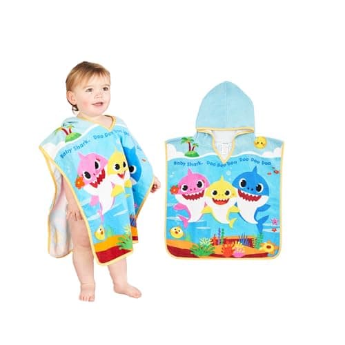 Image of Baby Shark Poncho Towel 100% Cotton Terry 12M+ Super Absorbent Machine Washable 50 x 50cm Unisex Baby Bath Beach Swimming Towel for Children with Hood