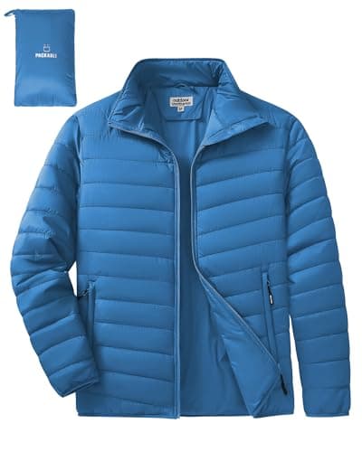 Image of Outdoor Ventures Men's Packable Puffer Jacket Insulated Lightweight Puffy Coat Warm Portable Padded Water Resistant Jacket for Hiking Travelling Camping Classic Blue XL
