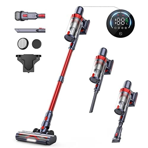 Image of HONITURE Cordless Vacuum Cleaner 450W Stick Vacuum Cleaner with LCD Touch Screen, Max 55mins Detachable Battery, 6 in 1 Lightweight Handheld Vacuum for Hardwood Floor Carpet Pet Hair Stair (Red, L)