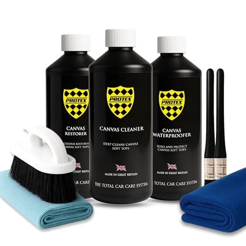 Image of PROTEX Convertible Soft Top Care Kit with Canvas Cleaner, Restorer (Black) & Waterproofer - 500ml, Giant Microfibre Towel, Brushes and Microfibre Clothes - COMPLETE KIT