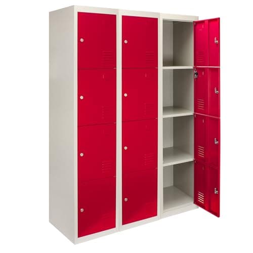 Image of Monster Shop Metal Lockers 3 x 4 Door Storage, Flatpacked Red & Grey Steel Lockable Unit, School Staff Gym Changing Room