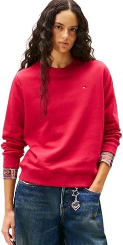 Image of Tommy Jeans Womens Tjw Reg Flag Crew Dw0dw19959 Pullover Sweatshirt, Red (Ruby Rhubarb), XS UK