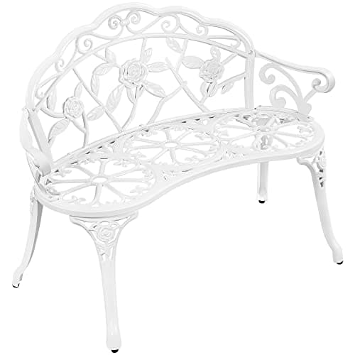 Image of Yaheetech Garden Bench Outdoor Loveseat Metal Bench Outdoor Patio Furniture Seat with Rose Design, for Porch/Lawn/Yard, White