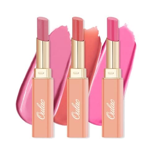 Image of Oulac Moisture Shine Lipstick Set - Pink & Peach Lipstick, Tinted Lip Balm for Dry Lips | Juicy Finish, 90% Essential Oils, Vegan, Cruelty-Free & Gluten-Free (04/06/07)