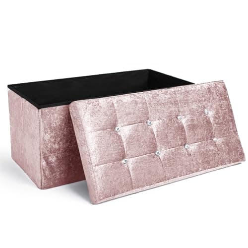 Image of Home Republic Crushed Velvet Ottoman Storage Box – Foldable Cube Ottoman with Lid – Multipurpose Toy Chest, Foot Rest, Bench Seat & Nursery Storage Solution (Pink Blush, 76W)