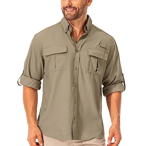 Image of mosingle Men's Long Sleeve Hiking Shirt Safari Fishing Outdoor Shirt Sun Protection Quick Dry Lightweight Walking Travel Shirts #5053-Khaki-XXL