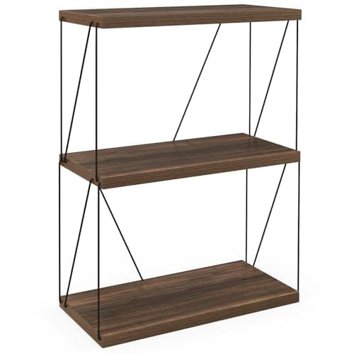 Image of SFAREST 2/3-Tier Industrial Bookshelf, Metal Frame Wooden Bookcase Display Rack, Freestanding Storage Shelving Unit for Living Room Study Bedroom Office (1, 3-Tier)