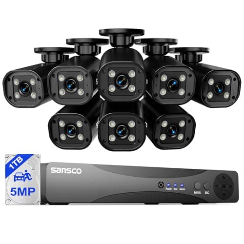 Image of SANSCO 2-Way Audio, 3K Color Night Vision, 8CH DVR Wired CCTV Camera System with 1TB Hard Drive 24/7 Recording, 8 x 5MP Home Security Bullet Camera Outdoor, Face/Human/Vehicle Detection, APP Alert