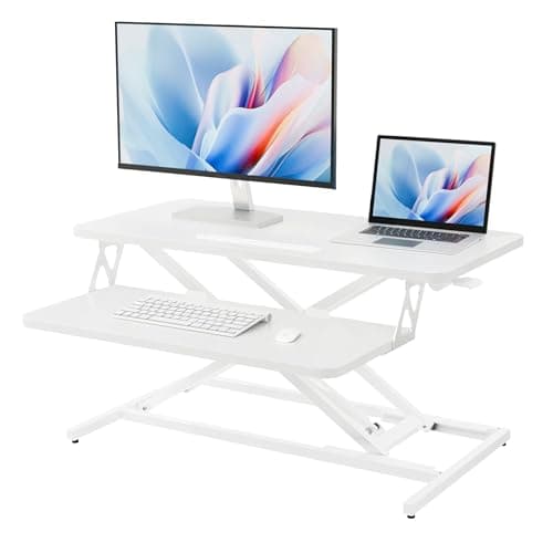 Image of ERGOMAKER Height Adjustable Standing Desk Converter - 81cm (32 Inch) Wide Platform Tabletop Workstation - Quick Sit to Stand Desk Riser for Dual Monitors White