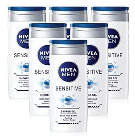 Image of X6 Mens Nivea Body Wash Sensitive Shower Gel – Body Face and Hair 250 ml Alcohol Free…