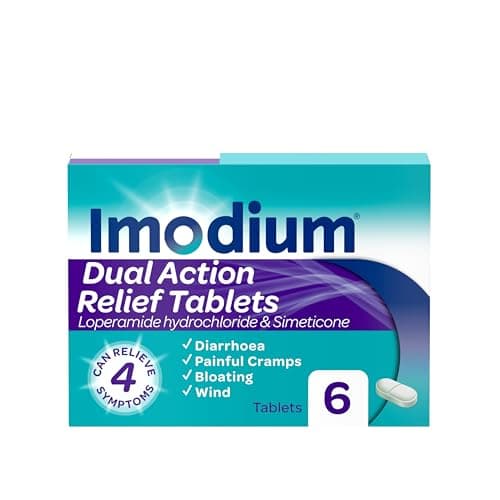Image of Imodium Dual Action, Diarrhoea Relief (6 Tablets), Helps Restore Gut to Natural Rhythm, with Loperamide Hydrochloride & Simeticone, Diarrhoea Tablets for Cramping, Bloating and Wind