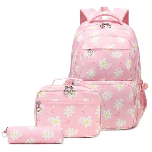 Image of Coolwife School Backpack Set Lunch Bag Pencil Case 3 Pieces Teens Girls Cute Primary Junior Middle Students Daypacks (Frangipani Pink)