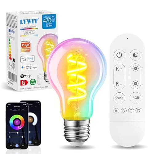 Image of LVWIT Smart Filament Light Bulb,Alexa Dimmable LED Color Changing Light Filament Bulb,E27 WiFi RGB Smart Filament Bulb,Compatible with Alexa,Echo,Google Assistant Include Remote Control(6.3W,470LM)