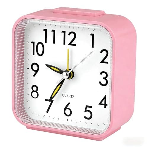 Image of Silent Analog Alarm Clock Vintage Design, Non-Ticking Bedside Clock with Snooze & Night Light, Battery Operated Small Travel Alarm Clock Compact Clock with Ascending Beep Alarm for Light Sleeper(pink)