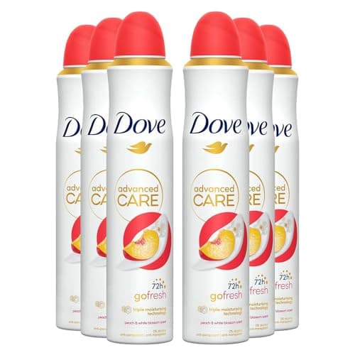 Image of Dove Advanced Care Antiperspirant Go Fresh 72 Hours Sweat and Odour Protection with Long Lasting Fragrance of Peach & White Blossom Deodorant for Women, 200ml Pack of 6