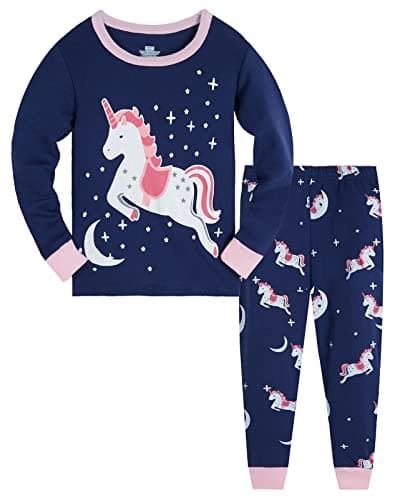 Image of Colobe Girls Pyjamas Set Glow in the Dark Unicorn Christmas Toddler Clothes Cotton Sleepwear Cute Nightwear Long Sleeve PJs 2 Piece Outfits for Kids Age 4-5 Years