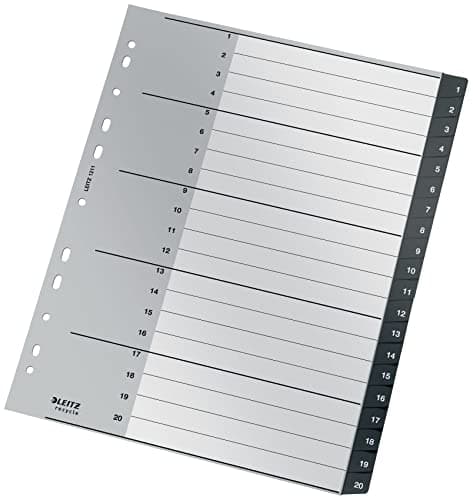 Image of Leitz Index Folder Divider, 1-20 Numerical Tabs, A4, Extra Wide, 90% Recycled Plastic, Eco Friendly, Premium Quality, Recycle Range, 12110095, Black, 30.9 x 24.3 x 0.6 cm