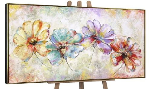 Image of YS-Art Original Handmade Painting – Abstract Floral in Pink, Purple, Blue Yellow, Textured Artwork on Canvas, Framed Wall Decor for Living Room Bedroom 56x28 inch