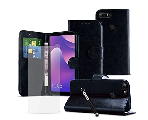 Image of Magnetic Closing Wallet Phone Case Compatible with Alcatel Pixi 4 (5.0") 4G Cover with [Card Holder Slots] [Kickstand Stand Case] with 9h 2.5d Clear Tempered Glass Protector - BLACK