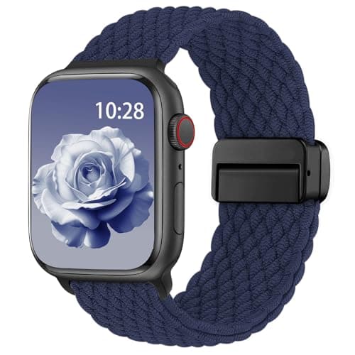 Image of Braided Strap Compatible with Apple Watch Straps 40mm 41mm 38mm 42mm 44mm 45mm 46mm 49mm,Nylon Elastic Magnetic Snap Strap for iWatch Series 11 10 9 8 7 6 5 4 3 2 1 SE3 Ultra3,Women & Men,Blue