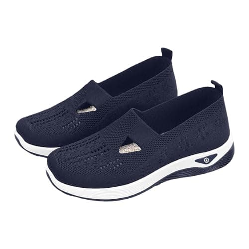 Image of Women’s Classic Loafer Flat Breathable Non-Slip Lightweight Anti-Slip Sneakers Athletic Outdoor Sport Round Toe Knit Mary Jane Shoes Arch Support Stretch Ladies Wide Fitting Flat Trainers Blue