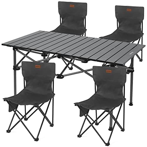 Image of Rainberg Foldable Camping Table Set with 4 Chair, Outdoor Indoor Use for BBQ, Picnic, Garden Parties, Foldable Portable Design. (Big Table with 4 Chairs, Grey)