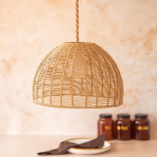 Image of Handwoven Dome Pendant Lampshade Natural Rattan-Style Ceiling Light Shade in Tight Weave Design Boho, Coastal & Minimalist Home Decor (H 23cm x W 29cm) (1)