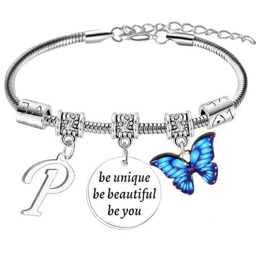 Image of BESPMOSP Letter A-Z Initial Alphabet Bracelet - Blue Butterfly Inspirational Jewelry Gift for Girls, Women, Family, Friends (Letter P)