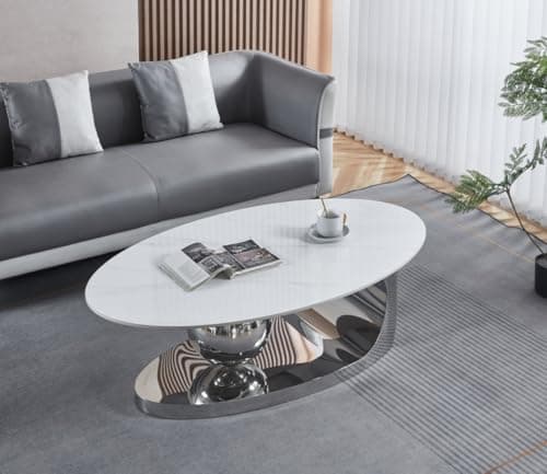 Image of Modern Oval Coffee Table with Sintere Stone Marble Effect Top, Light weight Stainless Steel Base, Living Room Furniture (Grey)