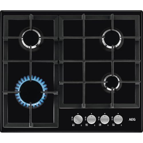 Image of AEG 3000 Gas Hob 60cm, 4 Cooking Zones HGX64200SB, Iron Grid Pan Supports, Speed Burners, Integrated ignition, Automatic Gas Shut-off, Quick Heat Up, Less Energy Consumption, 594x510mm, Black