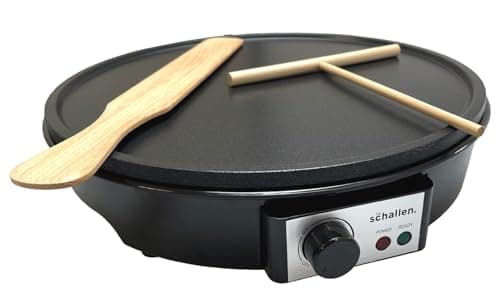 Image of Schallen Black 1000W Electric Traditional Pancake & Crepe Maker Machine, 12" Hot Plate and Utensils Included
