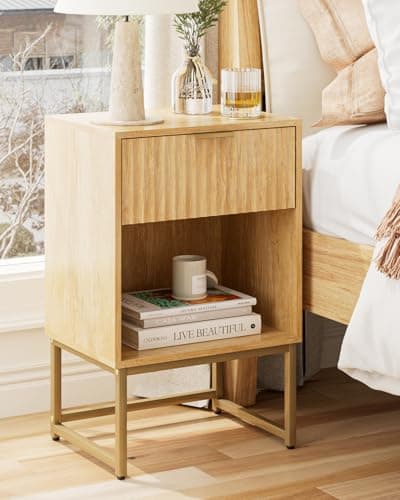 Image of HEYZOEY® Bedside Table with Drawer, 15.7" Wide Side Table and Large Shelf, Modern Bedside Cabinet for Bedroom, Living Room, Office(15.7" × 11.8" × 23.6", Oak Fluted Finish)