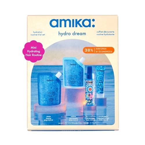 Image of amika hydro dream hydration routine trial set - travel size hair care set with hydro rush intense moisture shampoo, conditioner, leave-in conditioner + overnight hair mask for dry strands (4 pieces)