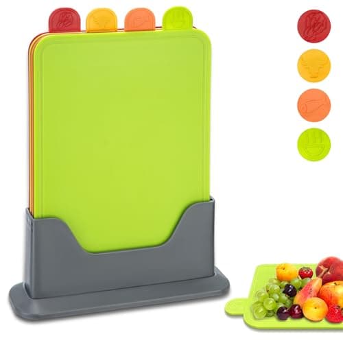 Image of Hunnycook 4PCS Colour Coded Chopping Boards Set, Durable, Scratch-Resistant, Anti-Slip and Dishwasher Safe(28×20×0.3cm) Chopping Boards for Kitchens, PP Plastic Chopping Board with Storage Stand