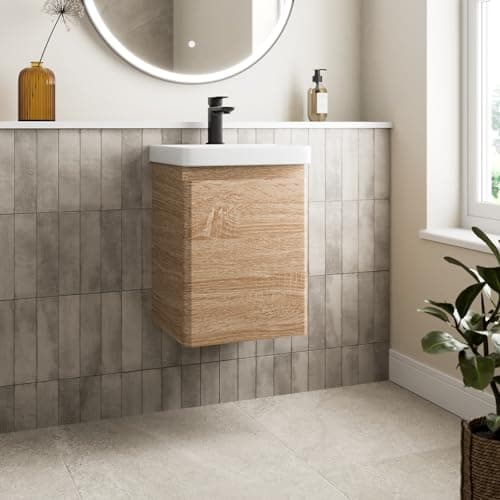 Image of Affine® 400mm Vanity Unit Wash Basin Sink Bathroom Wall Mounted Storage Cabinet Cupboard Cloakroom, Soft Close Door, Wood Oak Effect
