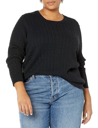Image of Amazon Essentials Women's Lightweight Cable Knit Long-Sleeve Crewneck Jumper (Available in Plus Size), Black, M